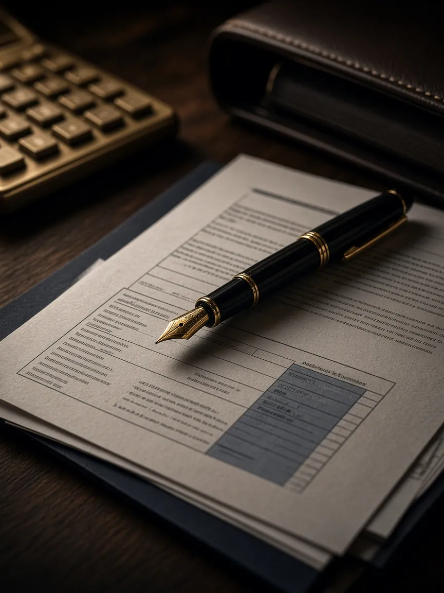 Caneta tinteiro sobre documentos tributários e contrato empresarial